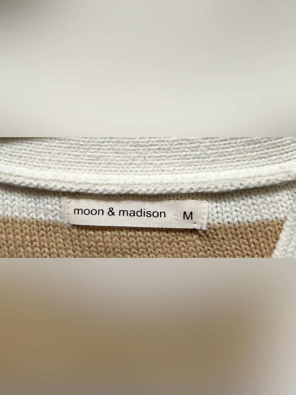 moon & madison Cream and Tan Checker‑Stripe Knit Cardigan - Picture 3 of 3